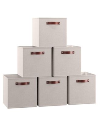 6 Pack Linen Fabric Kallax Storage Cube Bin with Faux Leather Handles