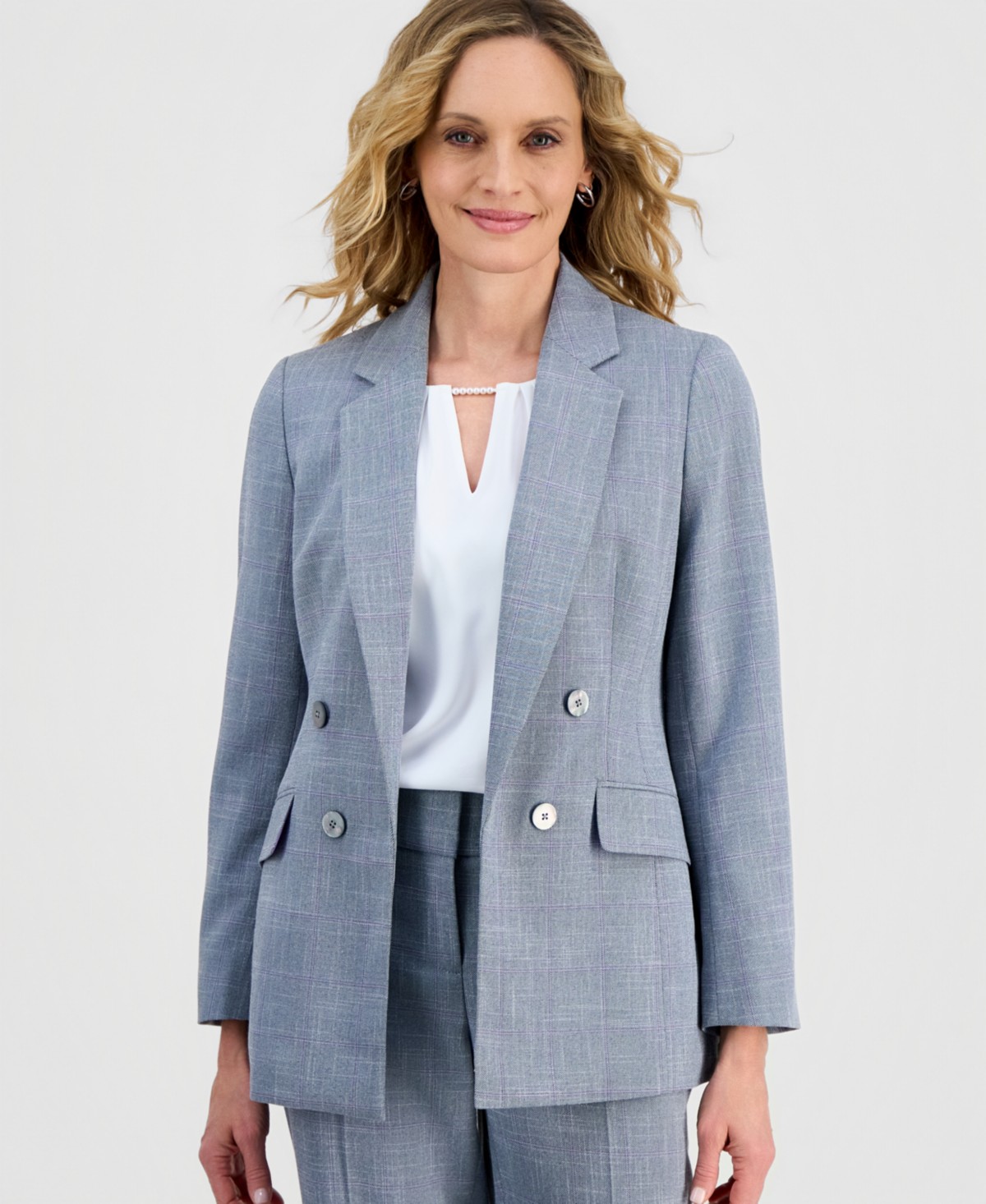 Женские Kasper Women's Plaid Faux-Double-Breasted Notch-Collar Blazer — фото 1