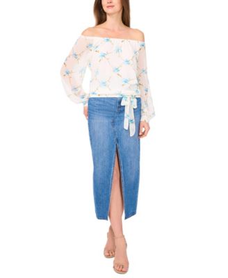 Women's Floral Off-The-Shoulder Long-Sleeve Tie-Front Blouse