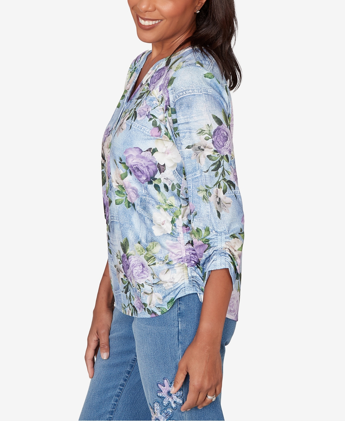 Alfred Dunner Petite Hilton Head Denim Floral Applique Henley Top