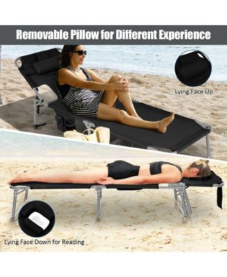 SUGIFT Black Folding Beach Lounge Chair with Pillow for Outdoor