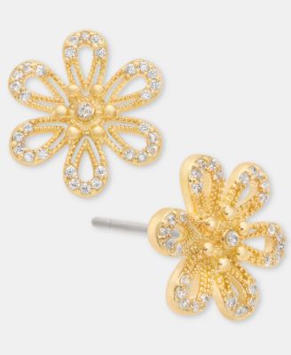 Gold-Tone Pav&eacute; Openwork Flower Stud Earrings