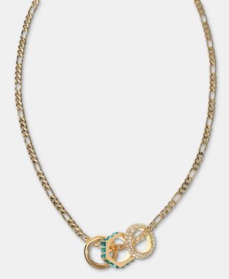 Gold-Tone Stone, Pav&eacute; & Polished Rondelle Figaro Link Collar Necklace, 16" + 3" extender
