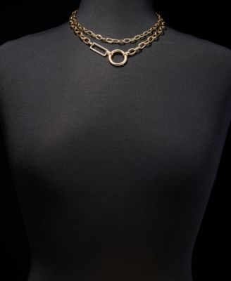 Gold-Tone Pav&eacute; & Polished Circle & Rectangle Layered Chain Link Necklace, 16" + 3" extender