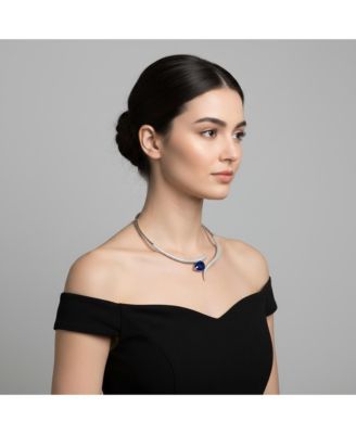 White Gold Plated with Blue Teardrop Cubic Zirconia & Clear CZ Accents Collar Necklace