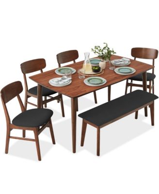 6-Piece Mid-Century Modern Upholstered Wooden Dining Set w/ 4 Chairs, Bench
