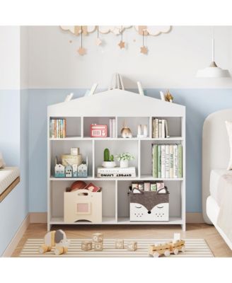 Kids Bookshelf with 9 Storage Cubbies, Wooden Dollhouse Bookcase & Toy Organizer for Playroom or Bedroom