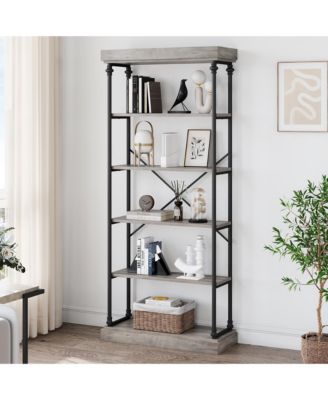 6 Tier Bookshelf Industrial Bookcase Wood Tall Standing Bookshelves Wood Vintage Display Rack Rustic Bookshelf