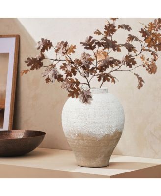 11" Rustic White & Brown Terracotta Vase, Vintage Wide-Body, Narrow-Mouth Ceramic Accent for Farmhouse Decor