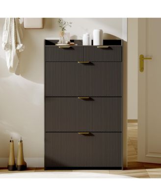 Modern Fluted Shoe Cabinet with 3 Flip Drawers, Slim Shoe Storage Organizer with 2 Drawers