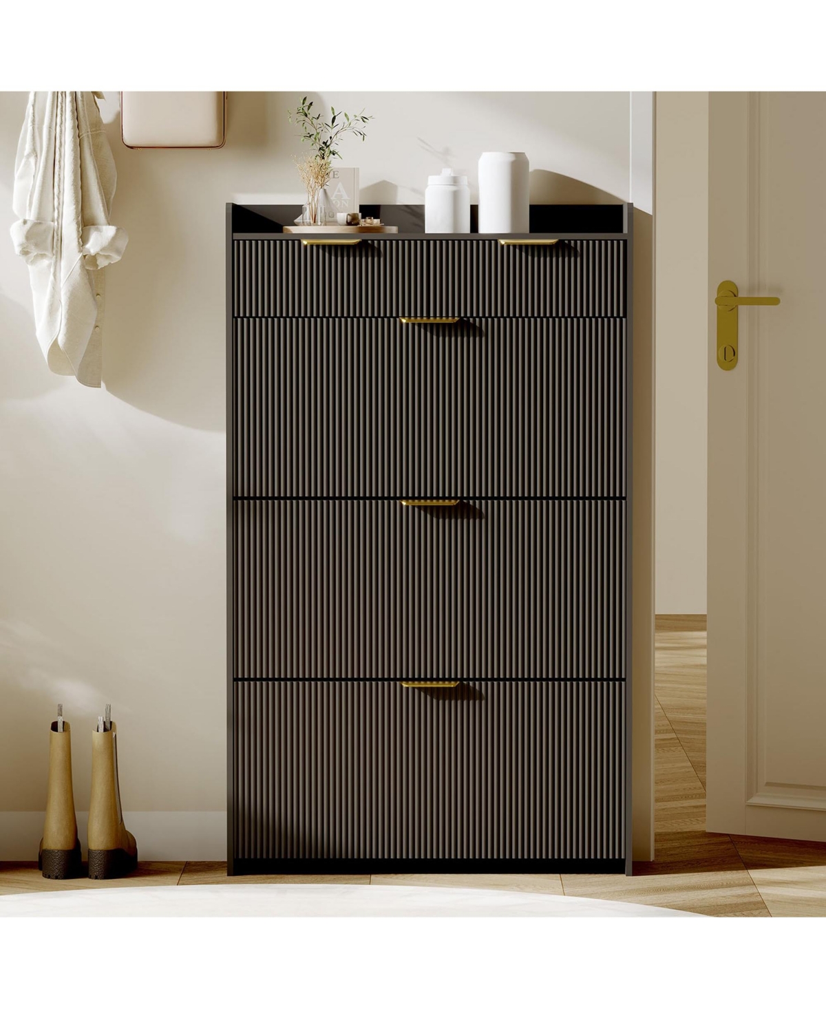 gaomon Modern Fluted Shoe Cabinet with 3 Flip Drawers, Slim Storage Organizer 2 Drawers