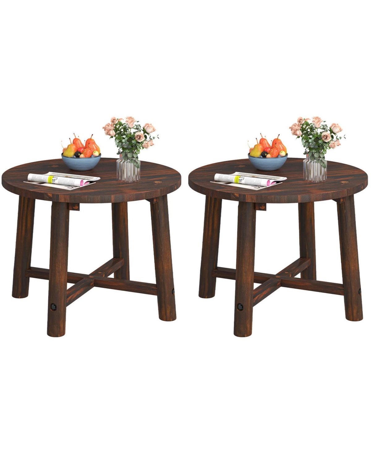 Costway Outdoor Side Table with Solid Wood Structure Small Round Coffee Table for Garden
