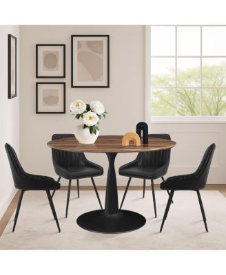 5-Piece Metal Base Round Dining Set with PU Leather Chairs, Modern Kitchen Table Set for 4
