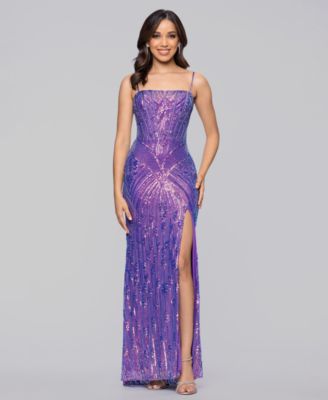 Junior's Corset Sequin Spaghetti Strap Long Slim Dress