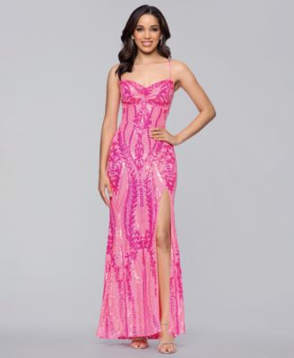 Juniors' Sequin Pinch Lace-Up Back Long Dress