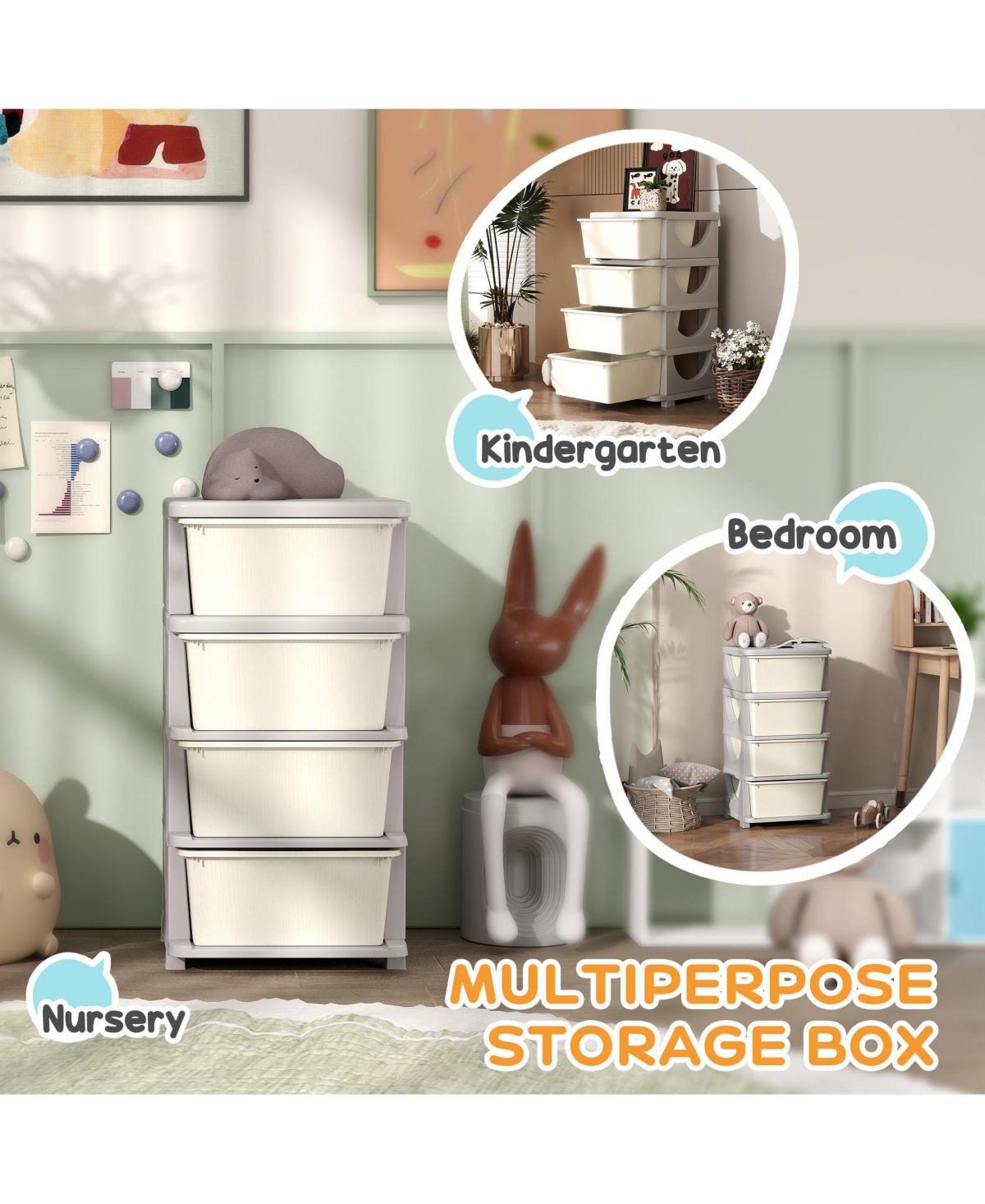 Qaba 30" 4 Tier Kids Storage Unit Dresser Tower,