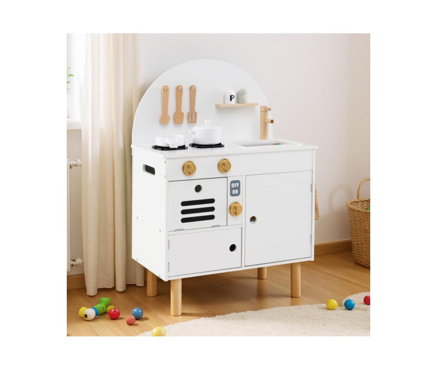 Детская игрушка HONGGE Wooden Play Kitchen with Stove, Sink, Microwave, and Oven, Ages 3+, цвет: Белый — фото 6