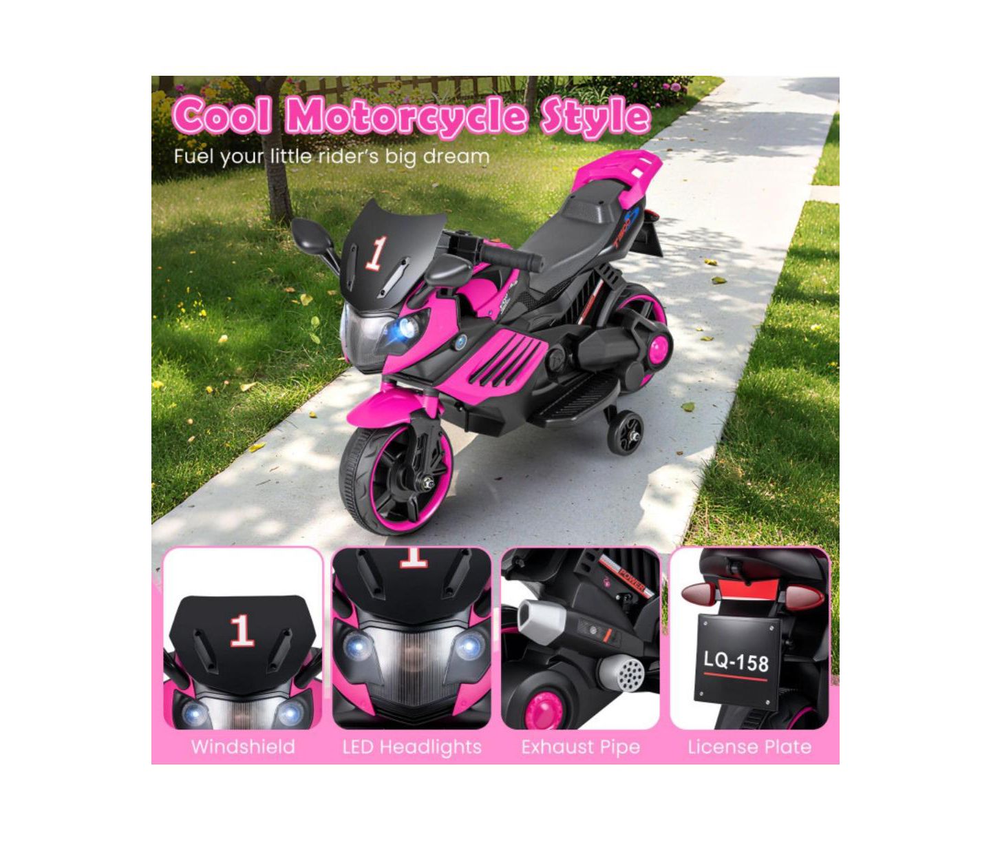 Детская игрушка HONGGE 6V Kids Motorcycle with Headlights Music and Training Wheels, цвет: Розовый — фото 7