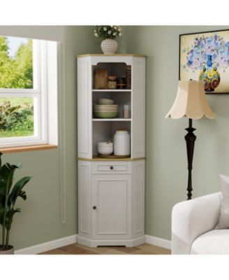 Corner Cabinet 68 Inches Tall with Door Drawer and Adjustable Shelf in Antique White