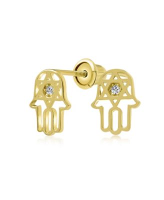 Set of 2 Tiny Judaic Jewelry CZ Accent 14K Yellow Gold Hamsa Star Of David Judaic Stud Earrings Bat Mitzvah Secure Screwback Posts