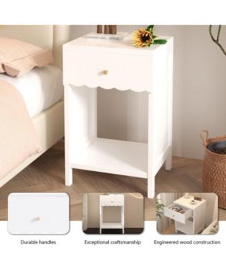 Minimalist Scalloped Edge Nightstand with Drawer and Open Shelf in White