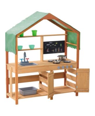 Kids Outdoor Mud Kitchen Playset with Canopy Sink Storage and Pretend Cooking Features
