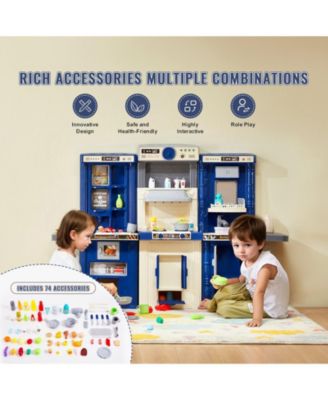 Kids Kitchen Playset, 3-in-1 Kitchen with Spray, Lights & Sounds, 74 PCS Cooking Accessories, Pretend Play Set for Kids 3–8, Blue