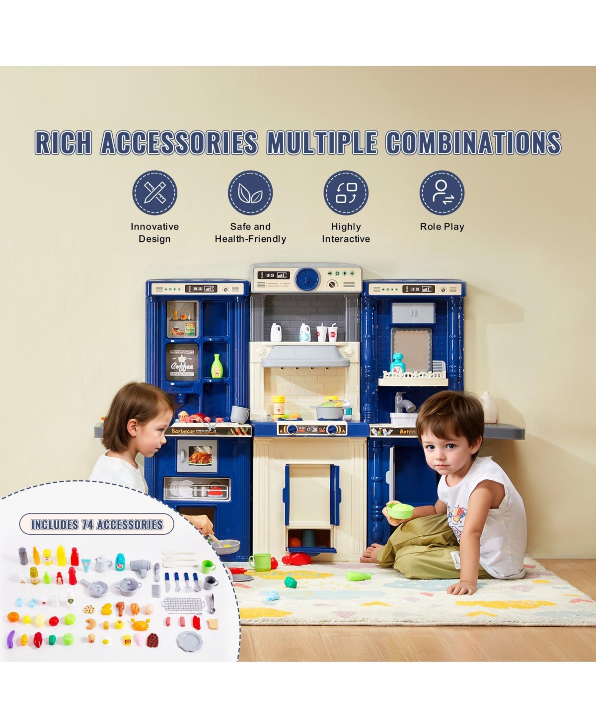 Mecale Kids Kitchen Playset, 3-in-1 Kitchen with Spray, Lights & Sounds, 74 Pcs Cooking Accessories, Pretend Play Set for Kids 3–8, Blue