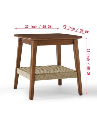23 Inch Mid-Century Woven Shelf Side Table with Boho Storage in Dark Walnut