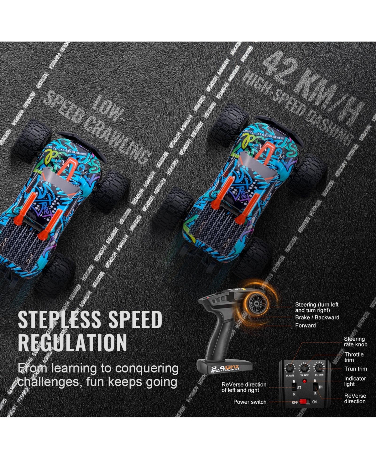 Mecale Rc Car 1:14, 4WD Off-Road Truck with Extra Shell, 45° Wheelie, Adjustable Speed, 42 km/h Hobby Racing Car for Kids 8+.