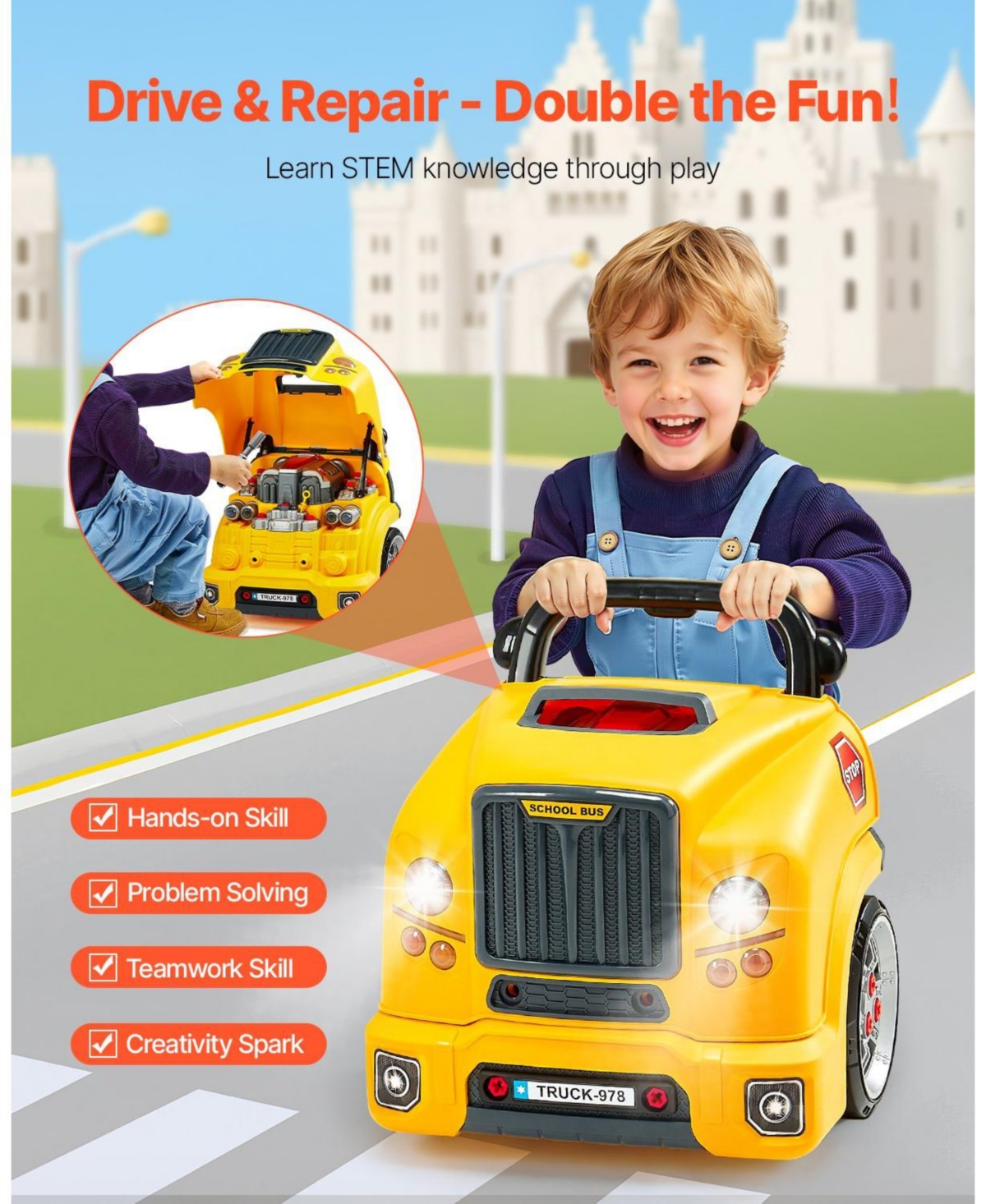 Mecale Engine Toy, 60 Pcs Car Repair Set with Lights & Sounds, Steering Wheel, Horn, Removable Parts, Mechanic Workshop Toy for Kids 3