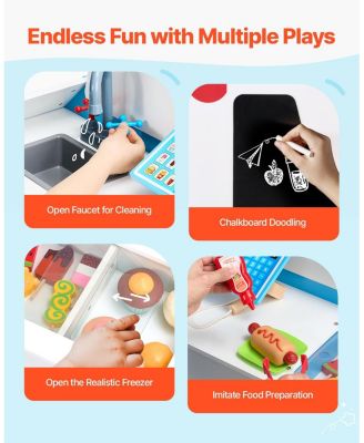 Ice Cream Cart for Kids, 20+ PCS Wooden Playset with Steering Wheel, Chalkboard, Scanner, Faucet & Freezer, Pretend Toy for 3-7