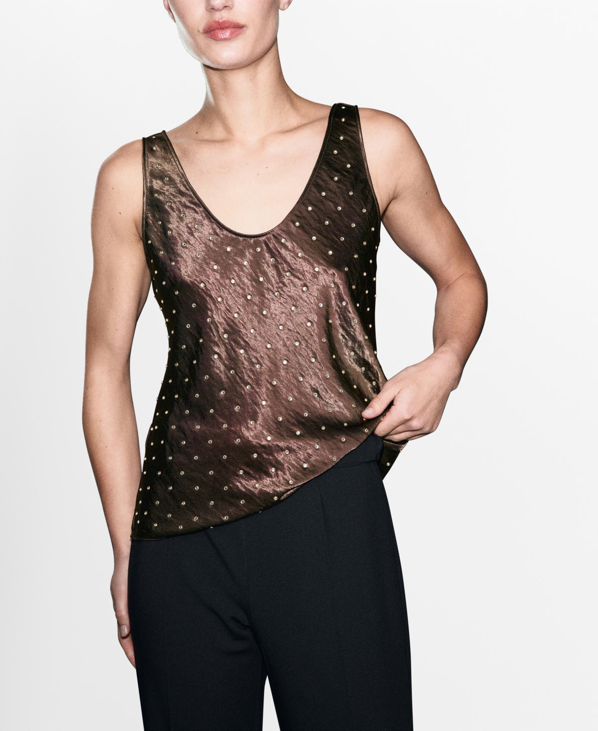 Mango Women's Crystals Satin Crinkled-Effect Top