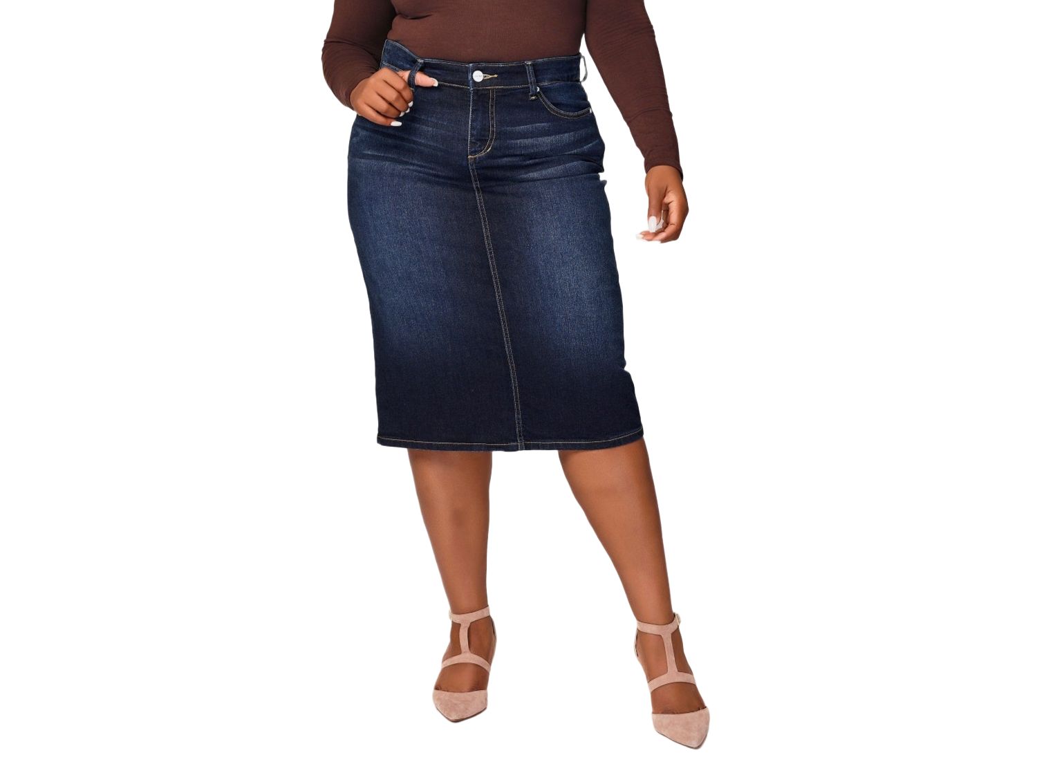 Women's Denim Midi Skirt in 28"length with side vents - Emma