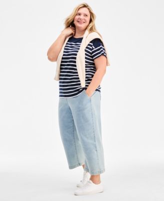 Plus Size Stripe Button-Trim T-Shirt