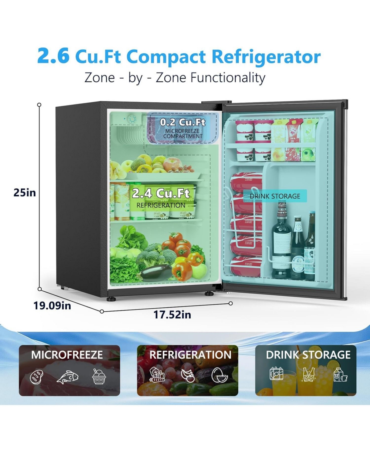 Cowsar 2.6 Cu. Ft Mini Fridge with Freezer, Single-Door Compact Refrigerator, 7 Settings Temperature Adjustable, 2 Removable Shelves