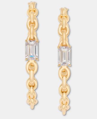 Gold-Tone Cubic Zirconia Chain Link Medium Hoop Earrings, 1.14"