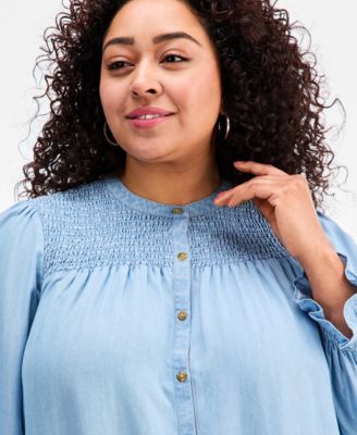 Plus Size Smocked-Yoke Cotton Chambray Blouse