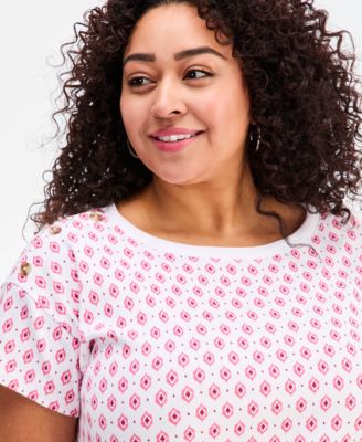 Plus Size Nautical-Button Geo-Tile Cotton T-Shirt