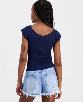 Juniors' Wide-Double-V-Neck Short-Sleeve Top