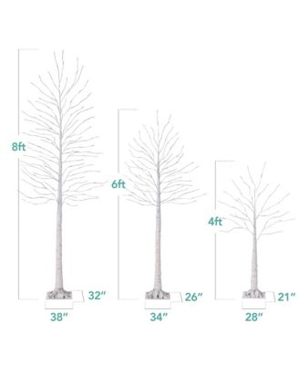 Set of 3 Lighted Twig Birch Trees, 4ft, 6ft, 8ft w/ 300 LEDs, Warm White, Multicolor Lights