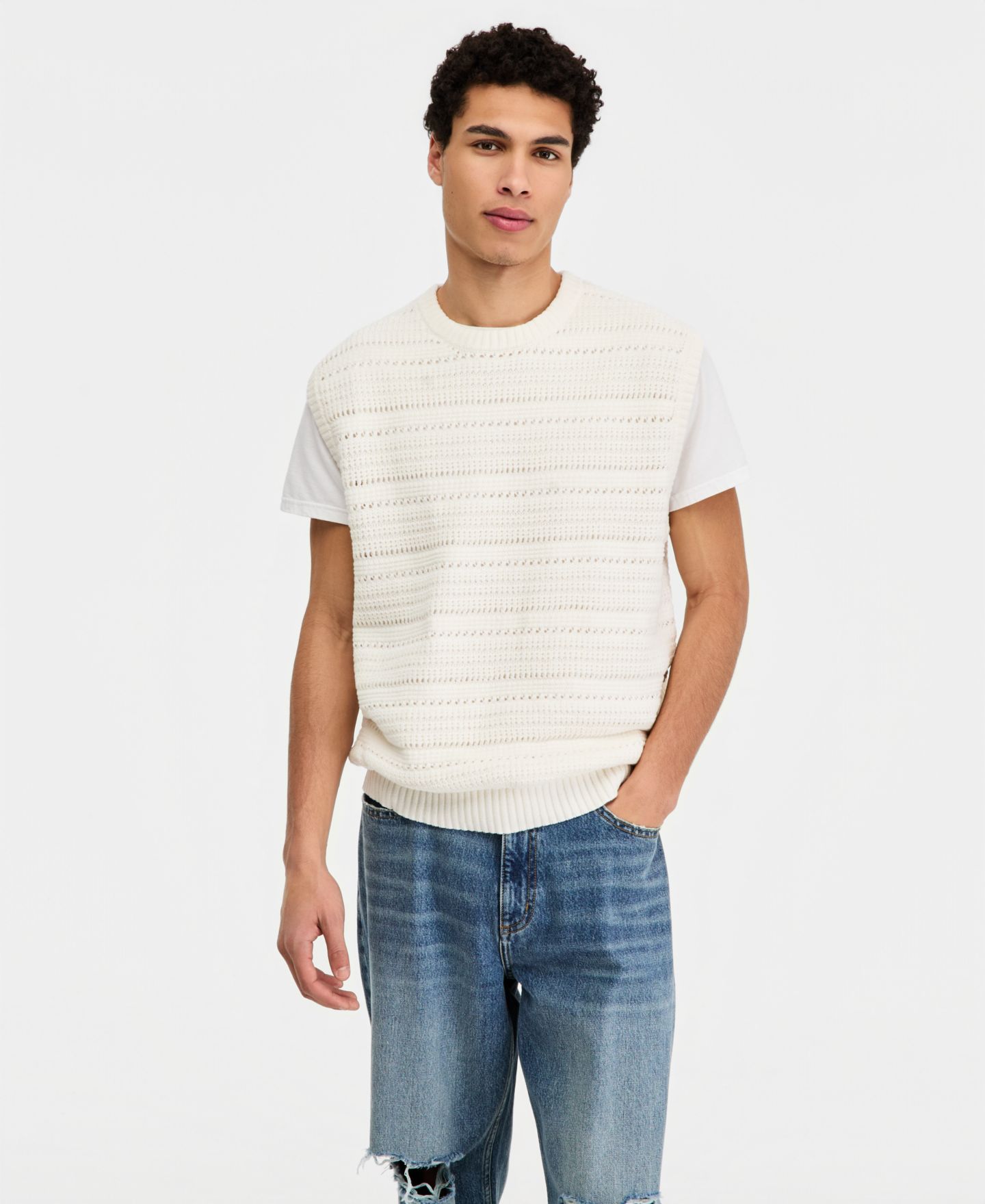 Мужской жилет Sun + Stone Cotton-Blend Open-Stitch Sweater Vest, цвет: Натуральный — фото 1