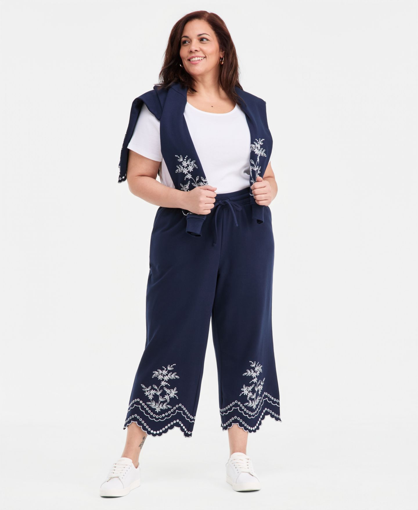 Женские брюки Style & Co Plus Size Scalloped Eyelet Wide-Leg Knit, цвет: Синий — фото 1