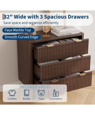 32" Width Modern Nightstands, Fluted Nightstand with Faux Marble Top, 3 Drawer Bedside Table, Large Nightstand for Bedroom