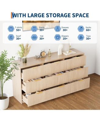 9 Drawer Fluted Dresser for Bedroom, 55" Wide Modern Chest of Drawers with Metal Handle, Fluted Wood TV Stand, Modern Large Dresser, Natural Color