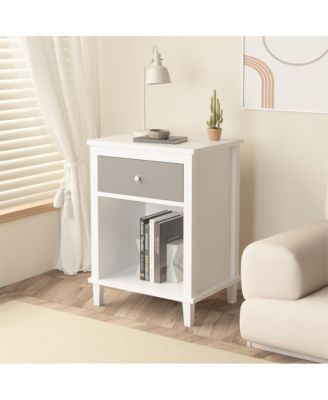 Wooden Nightstand with Drawer and Open Shelf with Silver Handle for Kids & Adults