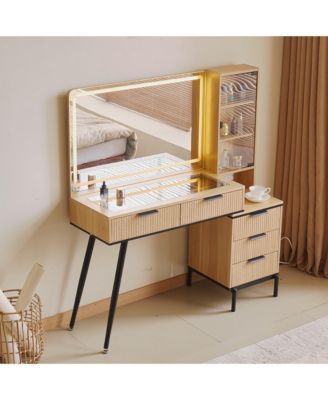 Vanity Desk with Mirror and Lights, 5 Drawers and Storage Shelves, Adjustable Brightness Makeup Table Set