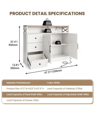 47.2" Buffet Cabinet with Power Outlet, 3 Drawers & 2 Barn Doors, Modern Farmhouse Sideboard Storage forLiving Room, Coffee Bar, Black