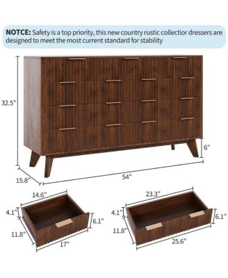 54" Wide 9 Drawer Dresser,Wooden Chest of Drawers with Fluted Wave Pattern, Metal Handles, Modern TV Stand Dresser with Curved Profile