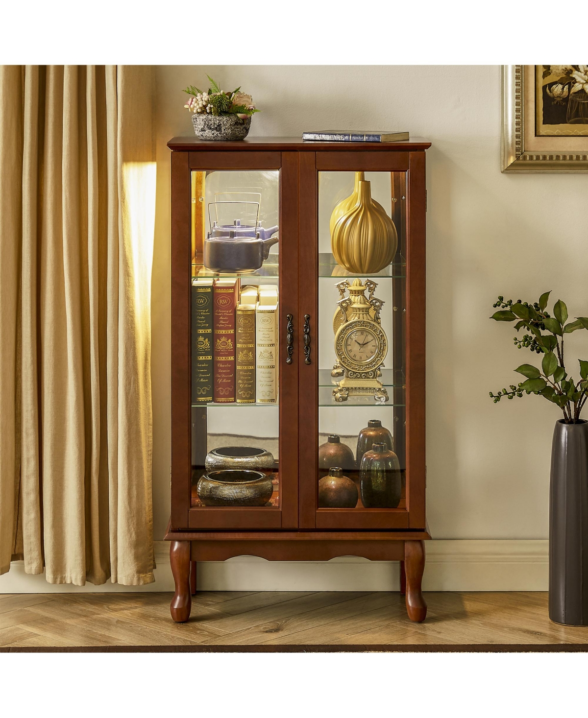 Curio Display Cabinet with Interior Lighting Mirrored Panel and Classic Style
